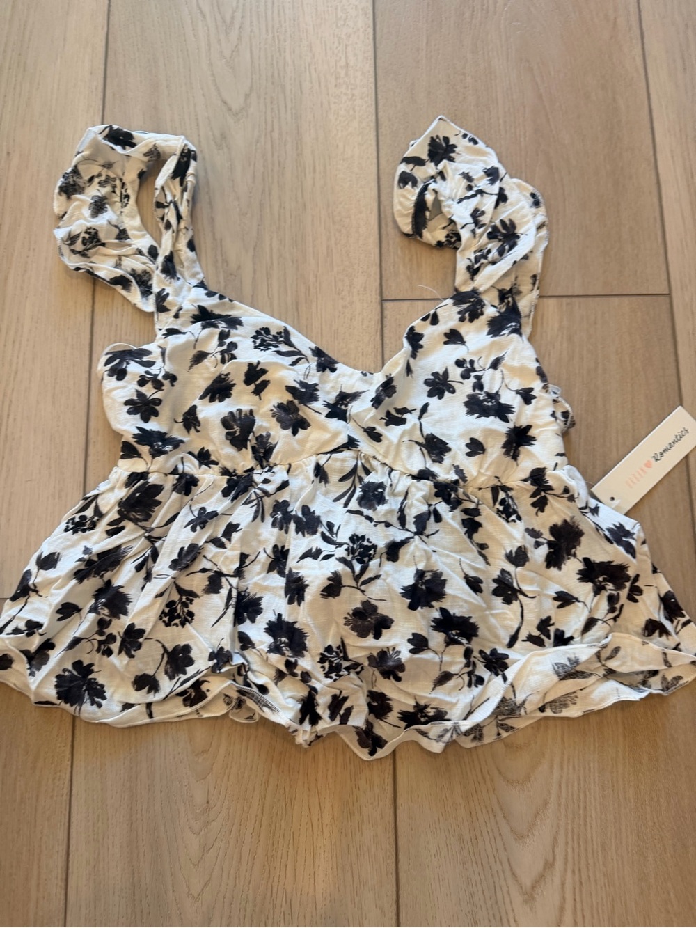 URBAN Romantics White Tank with Black/brown Floral Print and Ruffle Hem